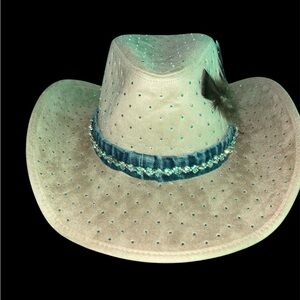 Embellished Western Cowboy Hat - Light Beige with Teal Accents